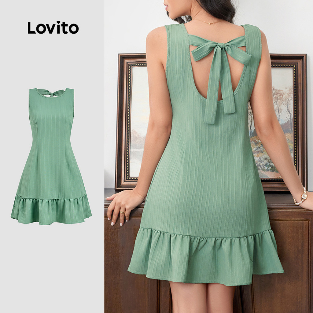 (NEW) Lovito Vestido Casual com Laço Nas Costas Primavera/verão Verde para Mulheres LBL33040 em Oferta na Shopee