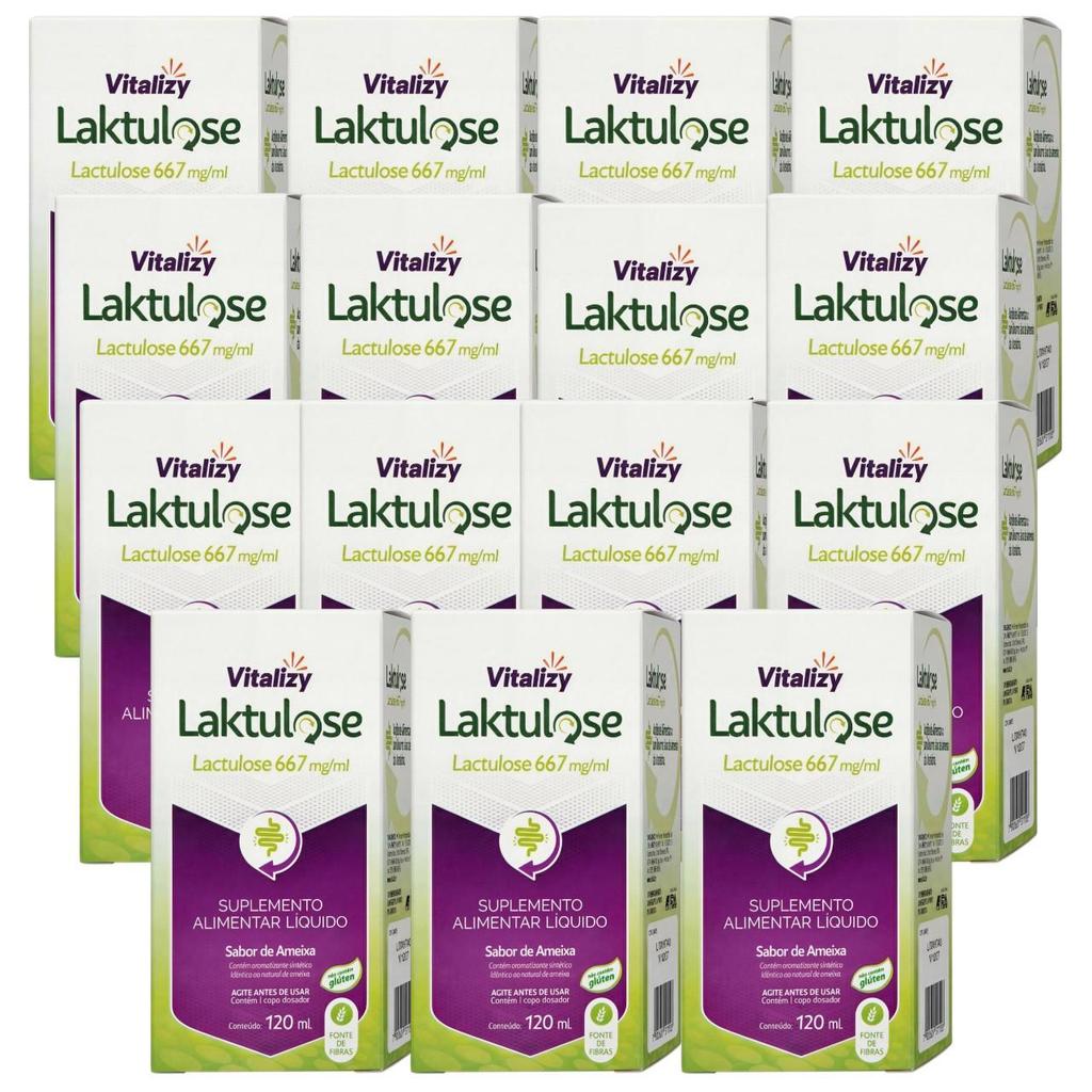 KIT Lactulose 15 Caixas de 120ml cada Vitalizy 667mg/ml  Ameixa Regulador Intestinal Sem Glúten Fonte De Fibras Natural