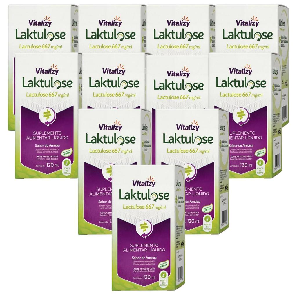 KIT Lactulose 11 Caixas de 120ml cada Vitalizy 667mg/ml  Ameixa Regulador Intestinal Sem Glúten Fonte De Fibras Natural