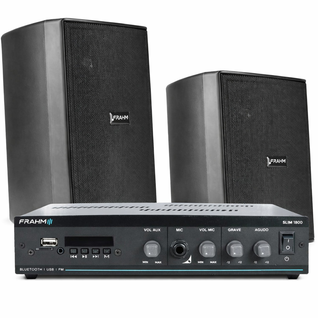 Kit Som Ambiente Frahm para Mercados até 200m² - Amplificador + Caixas de Som Discretas