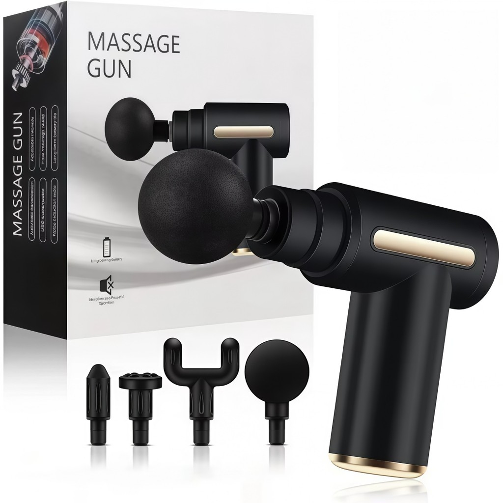 Massage Gun Portátil USB Recarregável com 4 Acessórios Para Musculação e Fisioterapia