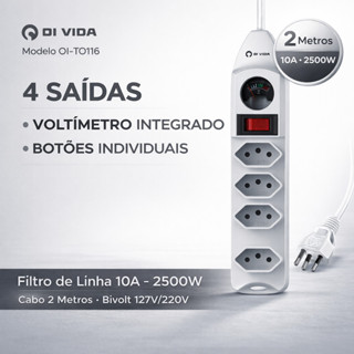 Filtro de Linha 4 Saídas 10A 2500W com Voltímetro e Interruptor Individual 2m Bivolt em Oferta na Shopee