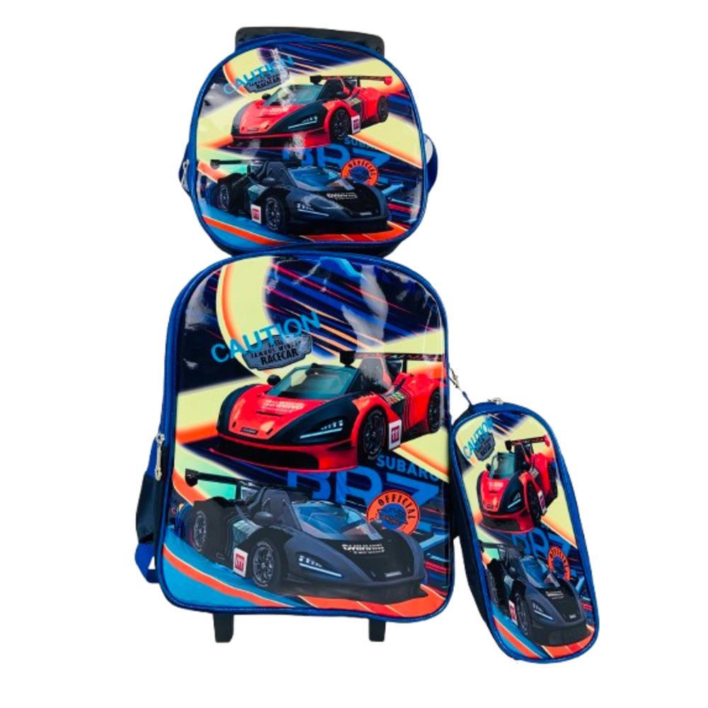 KIT MOCHILA INFANTIL MENINOS COM RODINHAS CARROS ESCOLAR ESTOJO LANCHEIRA TÉRMICA BOLSA CARRINHO IMPERMEAVEL COMPLETA
