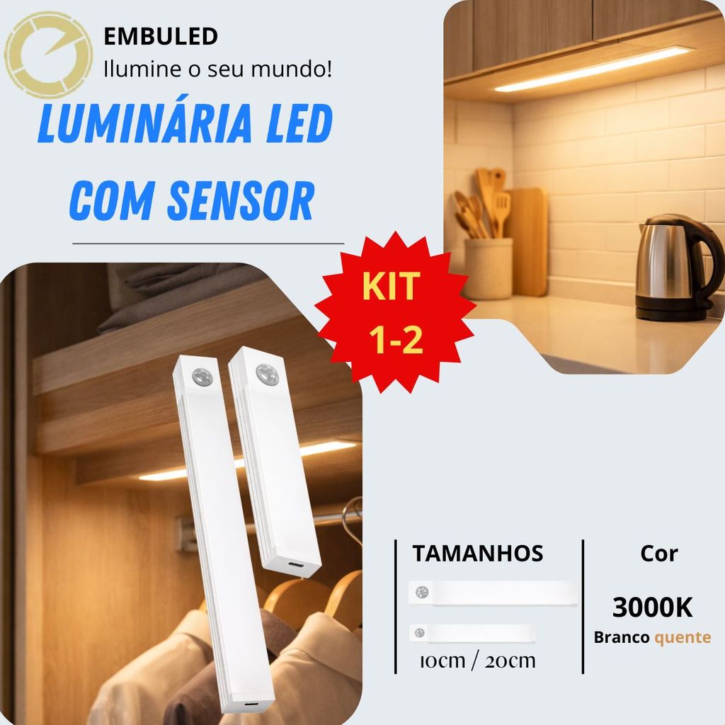 Luminária LED com Sensor de Movimento Sem Fio Recarregável USB – Kit 1 ou 2 Unidades em Oferta na Shopee