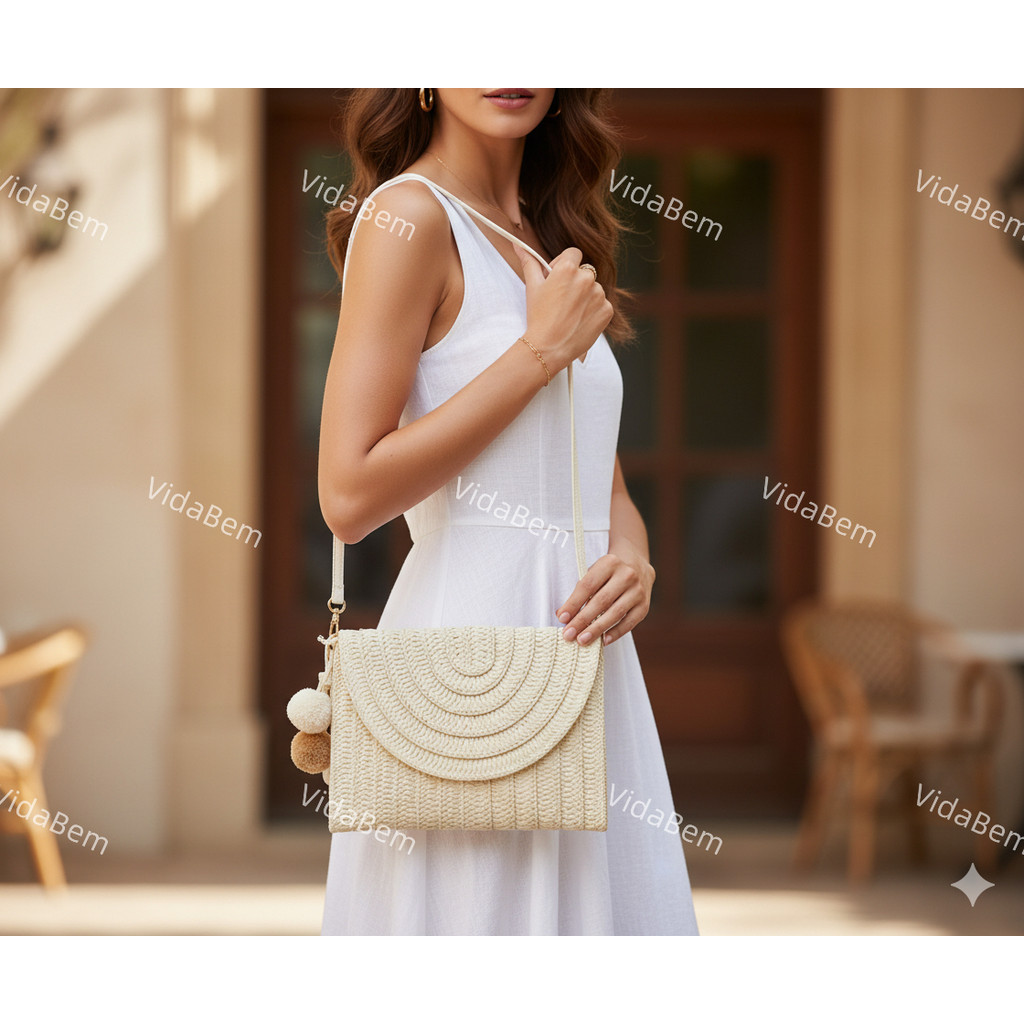 Bolsa de Palha Artesanal com Pompom e Alça Transversal Removível Estilo Praia e Casual em Oferta na Shopee