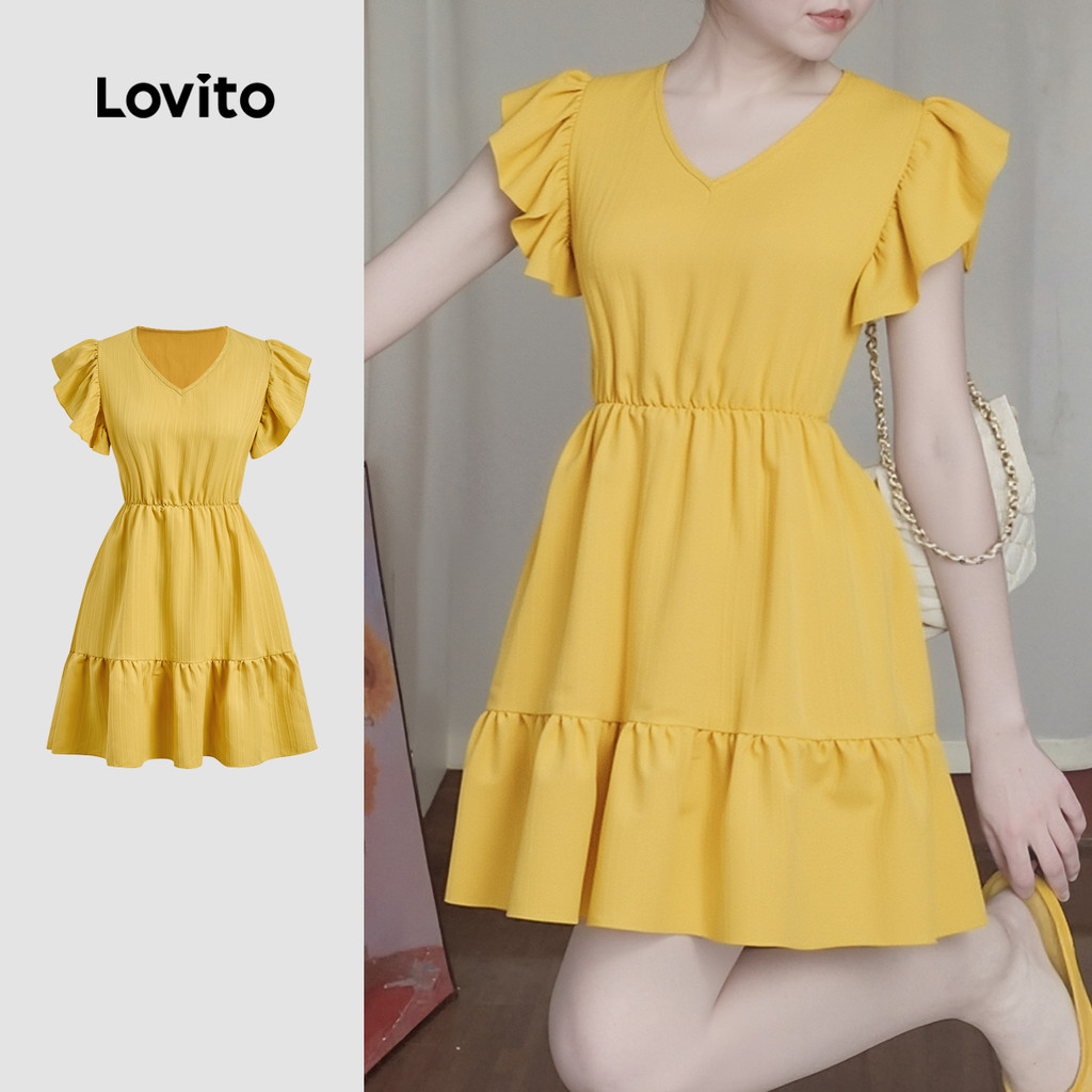 Lovito Vestido Casual com Babados para Primavera/verão Amarelo para mulheres L150AD975 em Oferta na Shopee