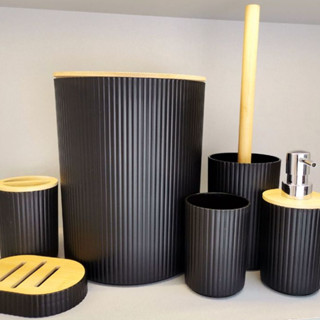 Oferta Conjunto 6 Utensilios Para Banheiro Lixeira Saboneteira Porta escova Bambu Lavabo 4 Un em Oferta na Shopee
