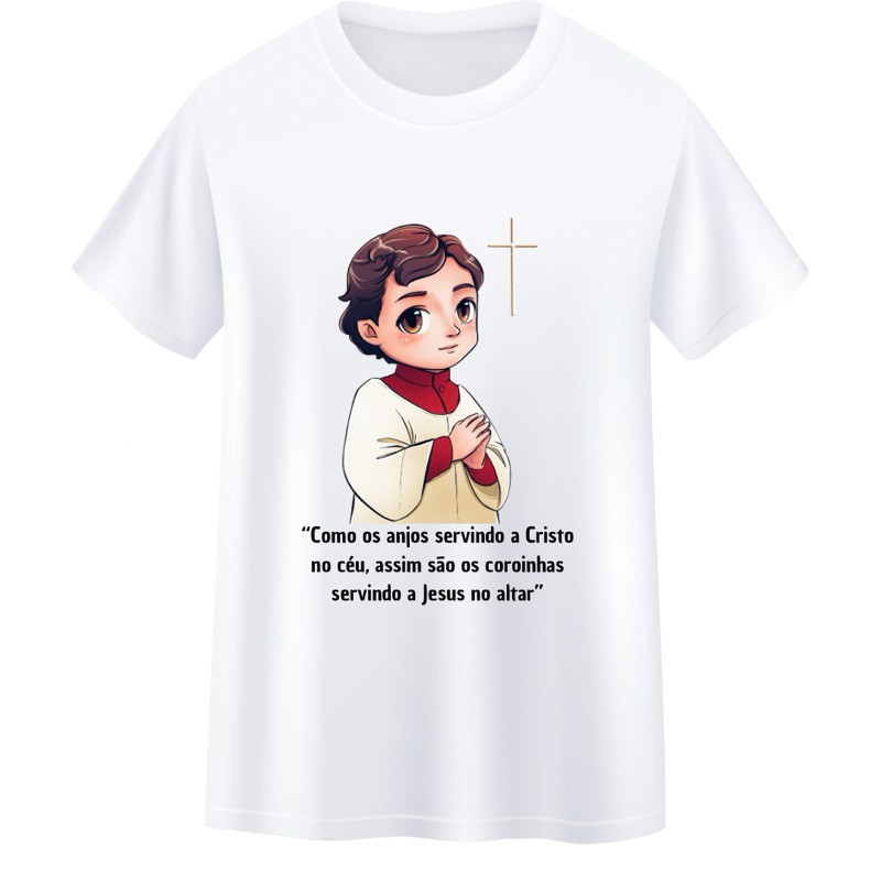 [Camiseta Premium em Algodão Puro]SISI Camiseta Unissex Coroinha Frase São Tarcísio Como os Anjos Servindo a Cristo