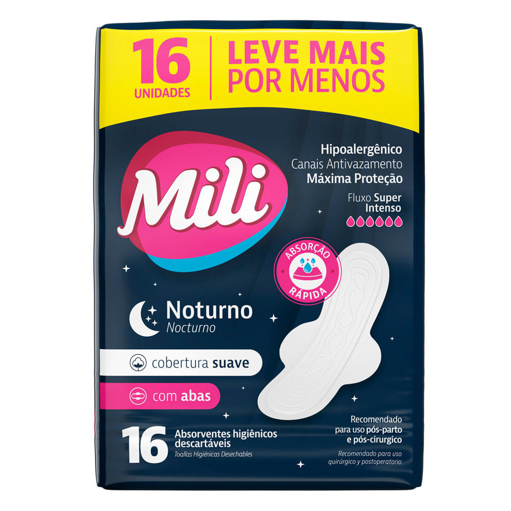 Absorvente Mili Noturno com Abas Cobertura Suave com 16 Unidades Leve Mais Por Menos em Oferta na Shopee