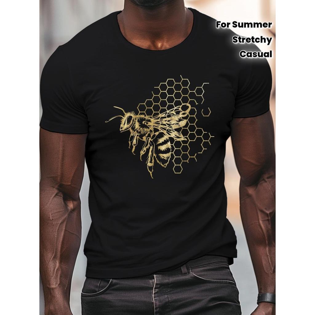 Camiseta Casual Masculina com Gola Redonda e Estampa de Abelha, Manga Curta em Tecido Levemente Elástico - Ajuste Regula