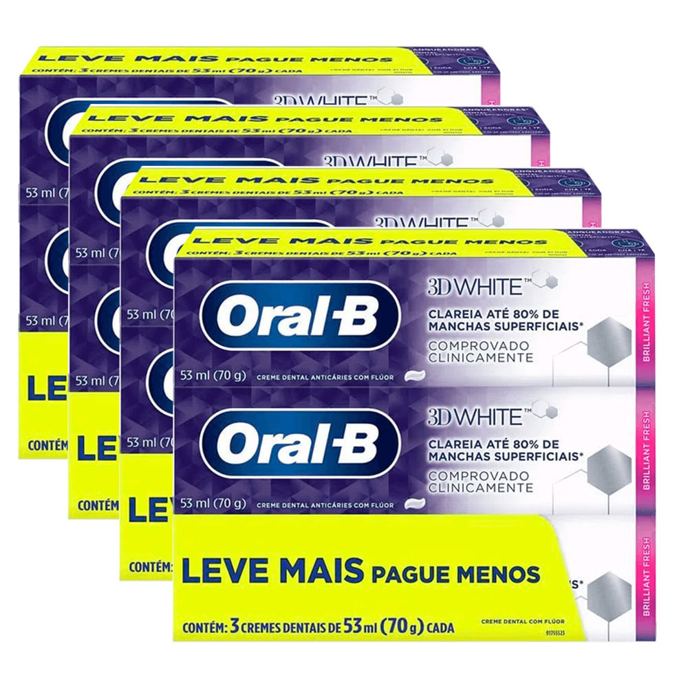 Kit Creme Dental Oral B 3D White Brilliant Fresh 70g Leve 3 Pague 2 - 4 Unidades em Oferta na Shopee