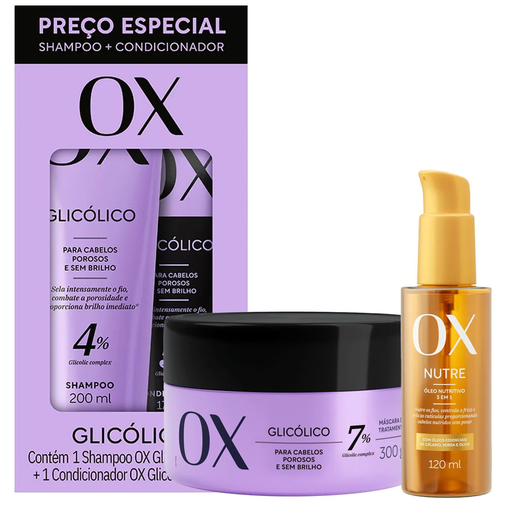 Kit OX 4% Glicólico Shampoo + Condicionador + Máscara 300g + Óleo Capilar Nutritivo 120ml