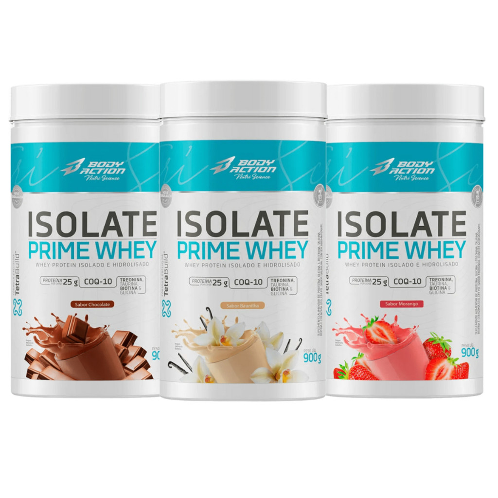 Whey Protein Isolado Zero Lactose 900g Isolate Prime Whey BodyAction 25g Proteína CoQ10