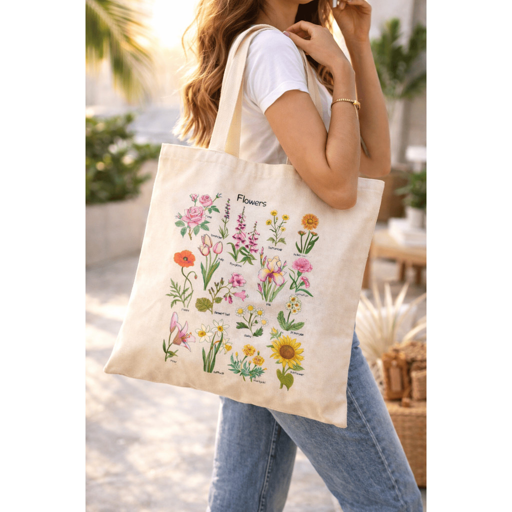 Sacola Moda Praia Ecobag Algodão Cru  Botânica Flores Retrô Elementos 100% Algodão Envio Rapido