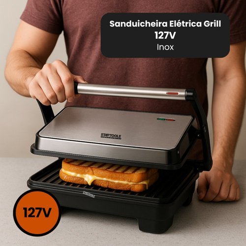 Sanduicheira Elétrica Grill 1000W Inox 127V e 220V Antiaderente Multifuncional GrillMaster Élégance