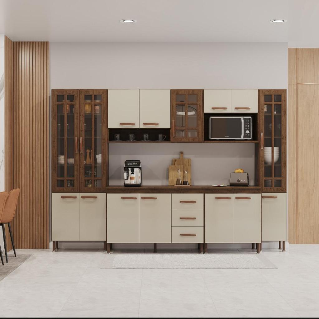 Cozinha Modulada Completa Fidelitá Lisboa 6 Peças 295cm 15 Portas 3 Gavetas Com Tampo Noce/Off-White em Oferta na Shopee