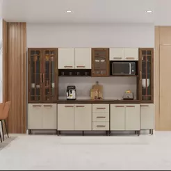 Cozinha Modulada Completa Fidelitá Lisboa 6 Peças 295cm 15 Portas 3 Gavetas Com Tampo Noce/Off-White