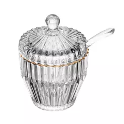 Açucareiro de Cristal Fio de Ouro Império Wolff 8cm Porta Açúcar com Tampa Mesa Posta Decoração Luxo Presente Requintado