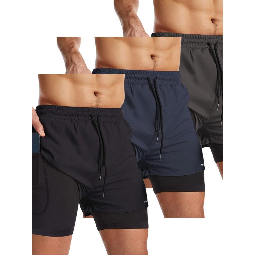 Kit 3 Bermuda Shorts 2 em 1 Masculino Academia Dryfit Elastano Treino Esporte