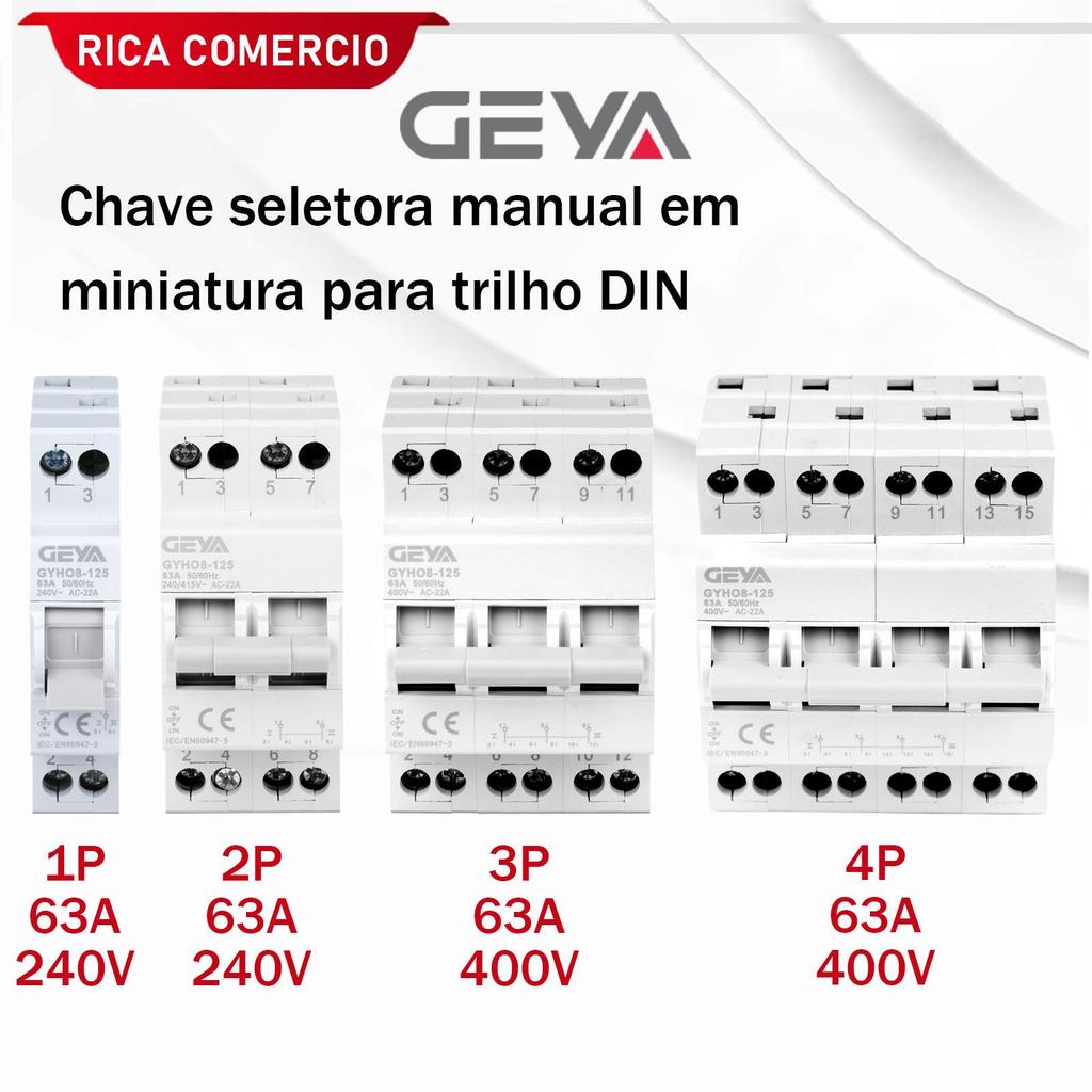 GEYA GYHO8-125 Chave seletora manual miniatura para trilho, chave de transferência 1P/2P/3P/4P, 240V/400V, 63A