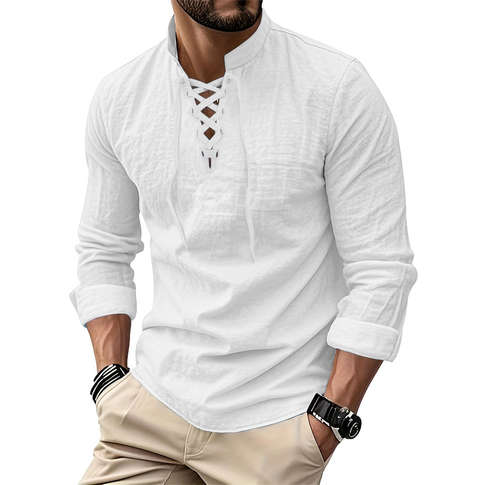 Camiseta Masculina Vintage Com Decote Em V Algodão Linho Pirata Medieval Viking Gótico Tops Camisas De Manga Comprida MK