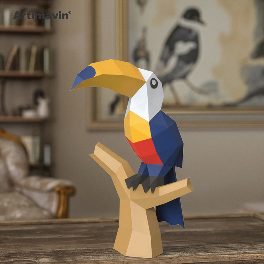 MOMO Molde de papel tridimensional Tucano Criativo DIY Modelo de escultura em papel tridimensional Decoração de Origami 