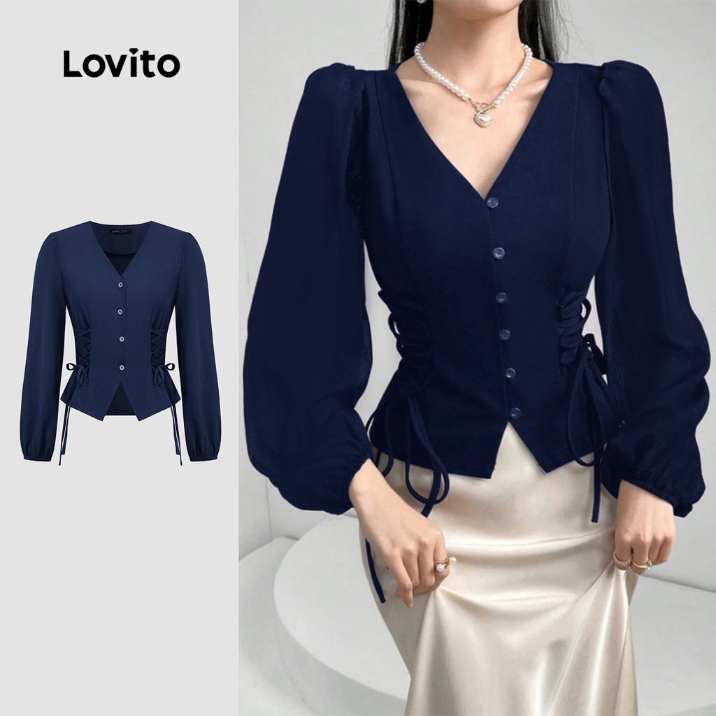 Lovito Blusa Elegante de Renda com Amarração Primavera/verão Blusa Azul Escura para mulheres L154ED392 em Oferta na Shopee