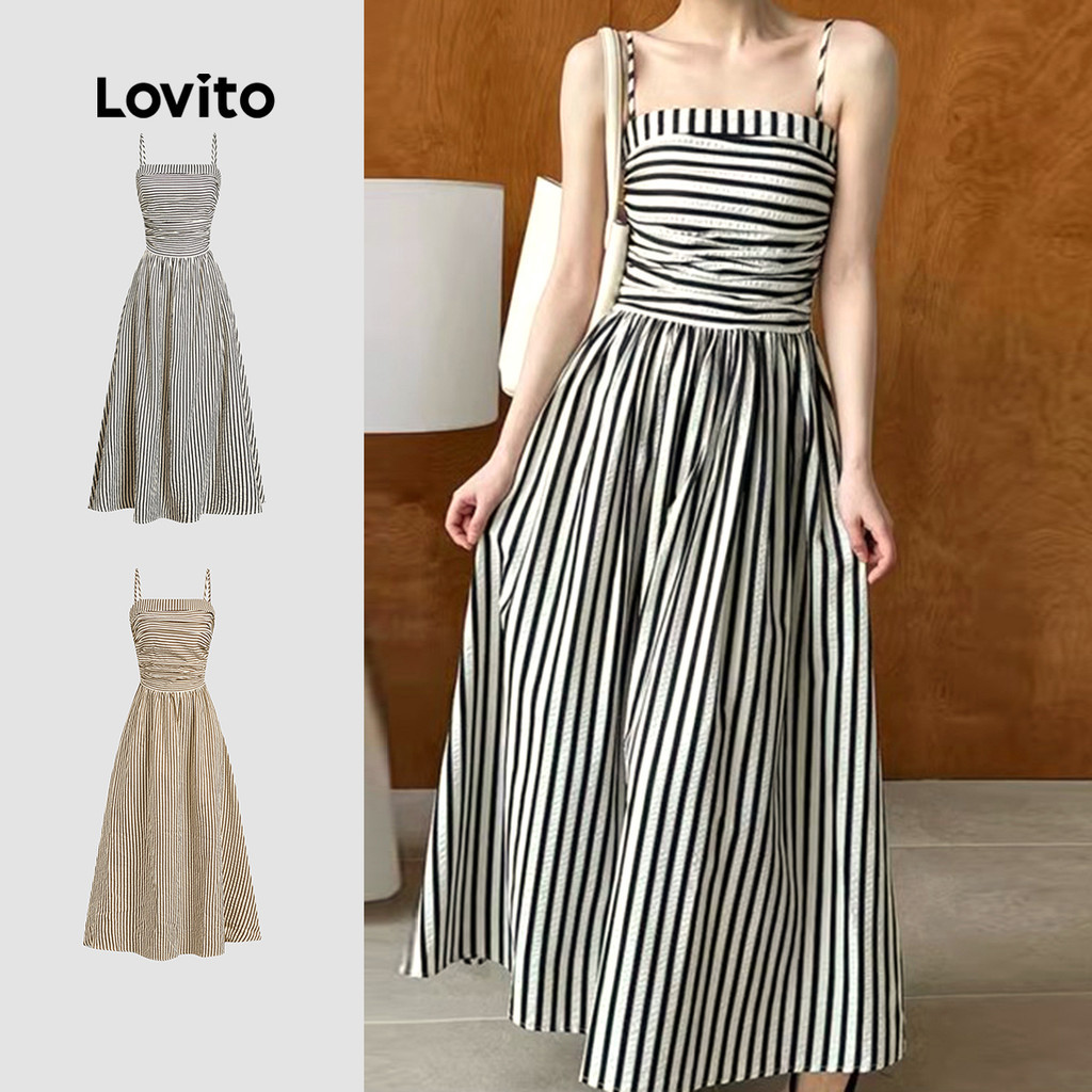 Lovito Casual Vestido Listrado Franzido Verão/primavera Para Mulheres L121MD302