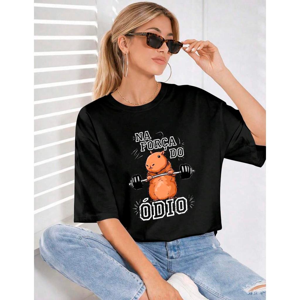 Camiseta  Feminina Capivara Força do Ódio Fitness Estilosa Confortável Academia 100% Algodão Promoção