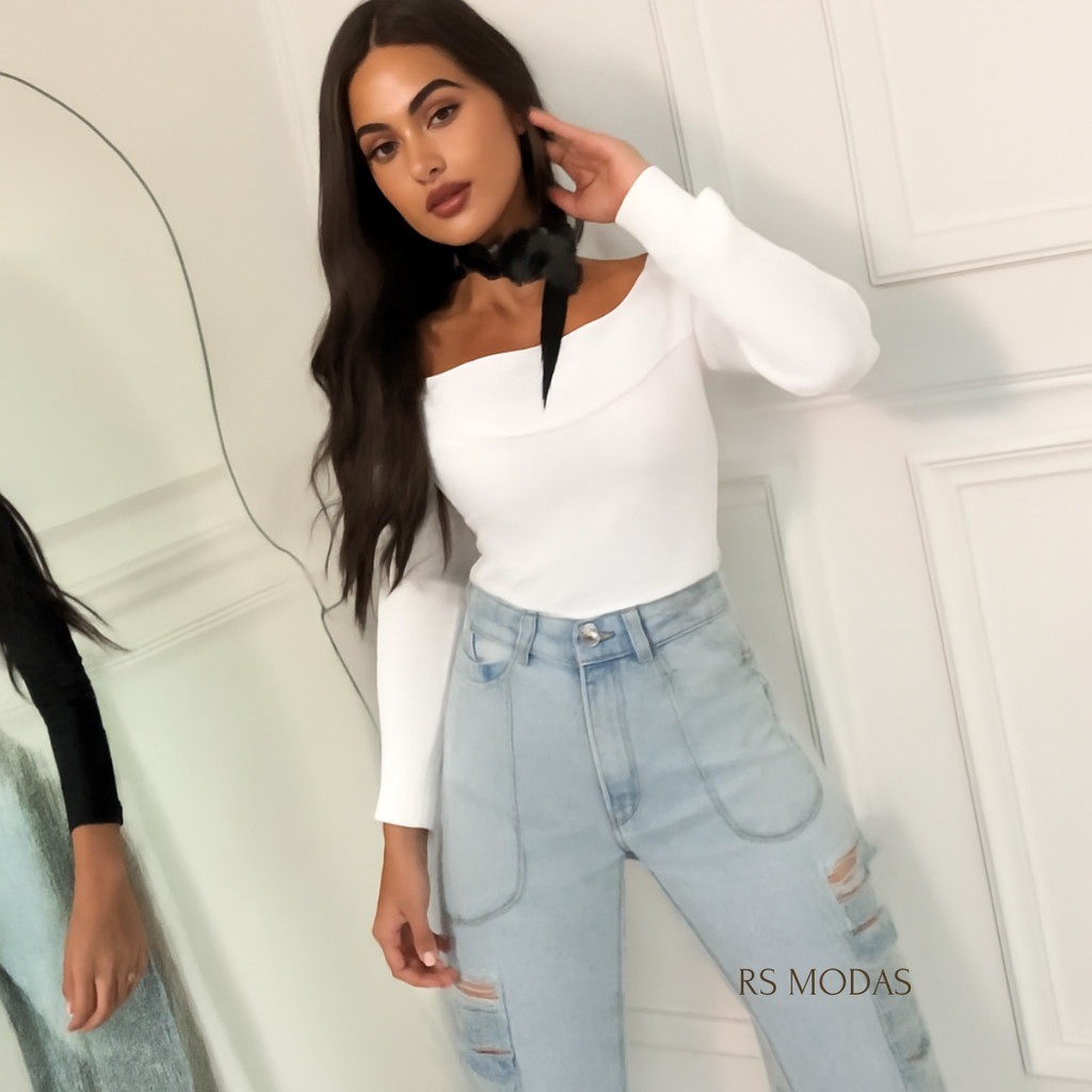 Detalhes do Blusa Manga Longa Feminino Tomara Que Caia Ombro a Ombro Ribana Canelado Moda Casual Moderno