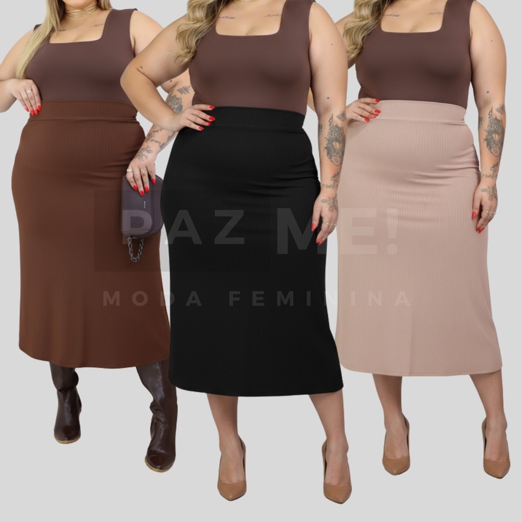 Saia Maxi Midi Confortável Fenda Frente ou Costas Plus Size em Oferta na Shopee