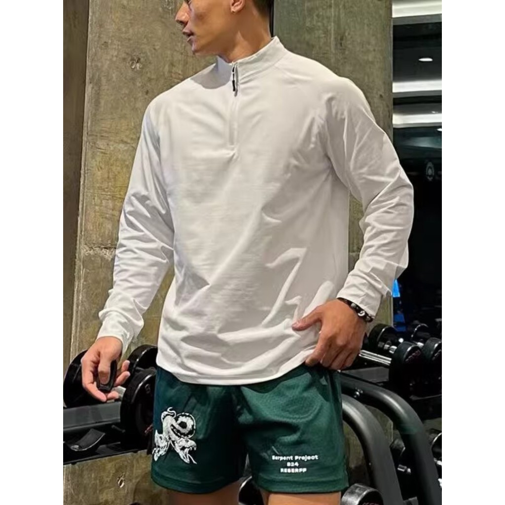 Primavera de Fitness de manga comprida masculina solta estiramento meio zíper esportes camiseta americano roupas de corr
