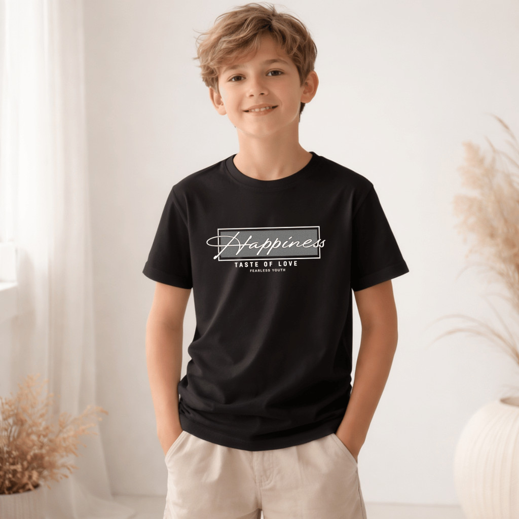 Camiseta Infantil e Juvenil Estampada Happines Taste 100% Algodão Premium Criança Personalizada Unissex Blusa Camisa