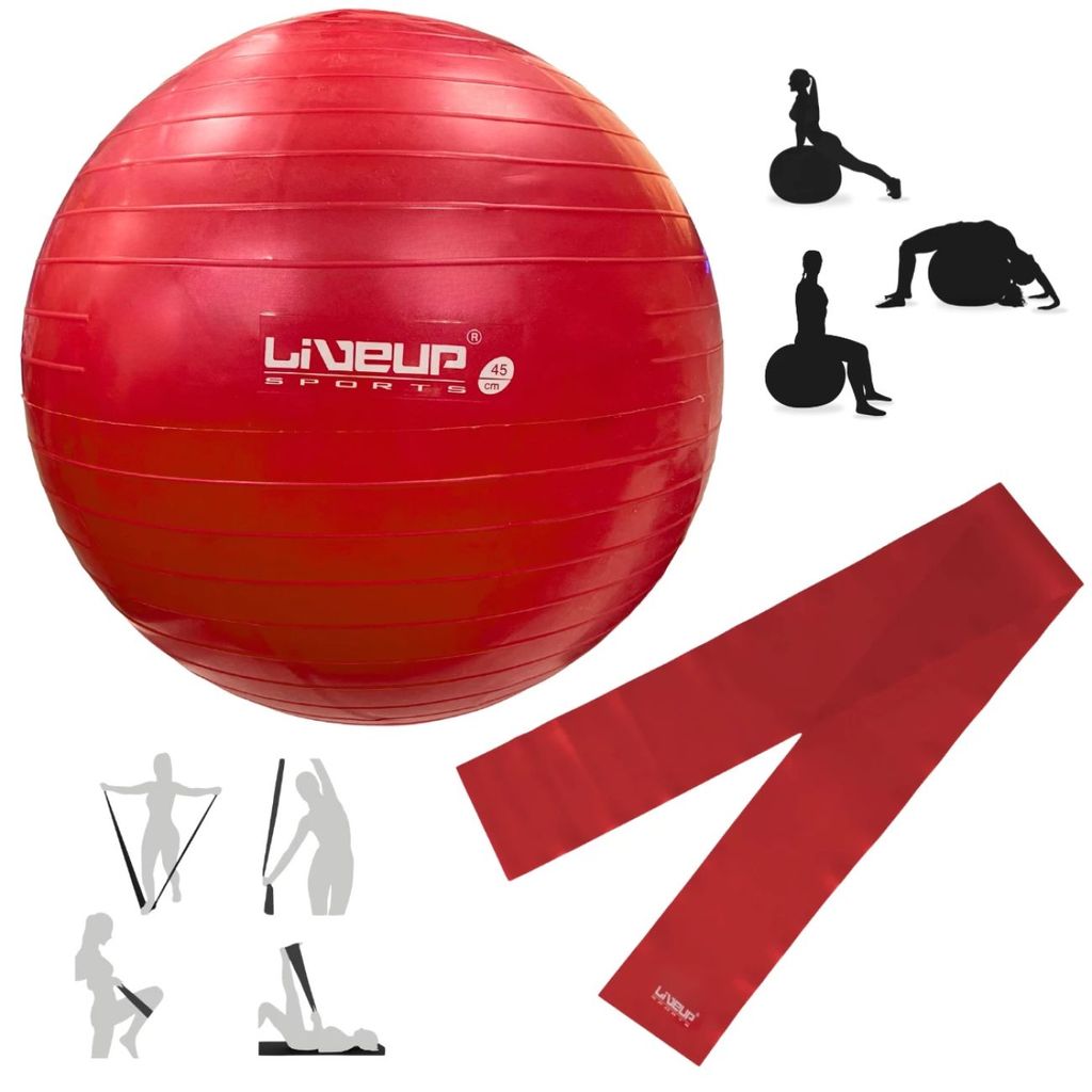 Kit Bola Suíça 45cm para Pilates Yoga Ginástica + Faixa Elástica Leve Vermelha