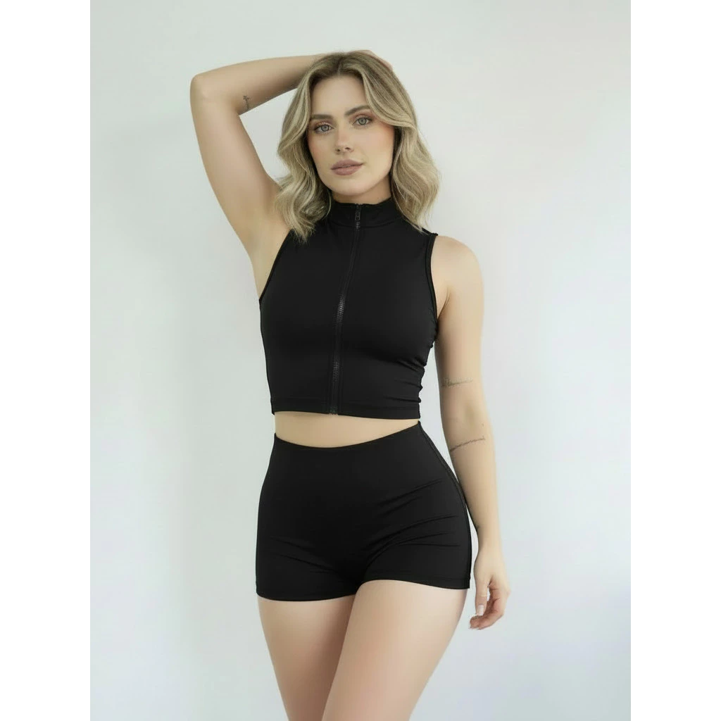 Kit Conjunto Cropped Regata De Ziper + Short Feminino Suplex Basico Academia Praia Esportes Preto — imagem 1