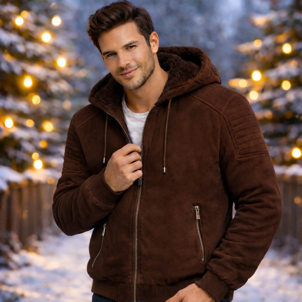Casaco Masculino Em Suede Com Capuz Totalmente Peluciado Jaqueta De Camurça Inverno Europeu Luxo Macia Resistente