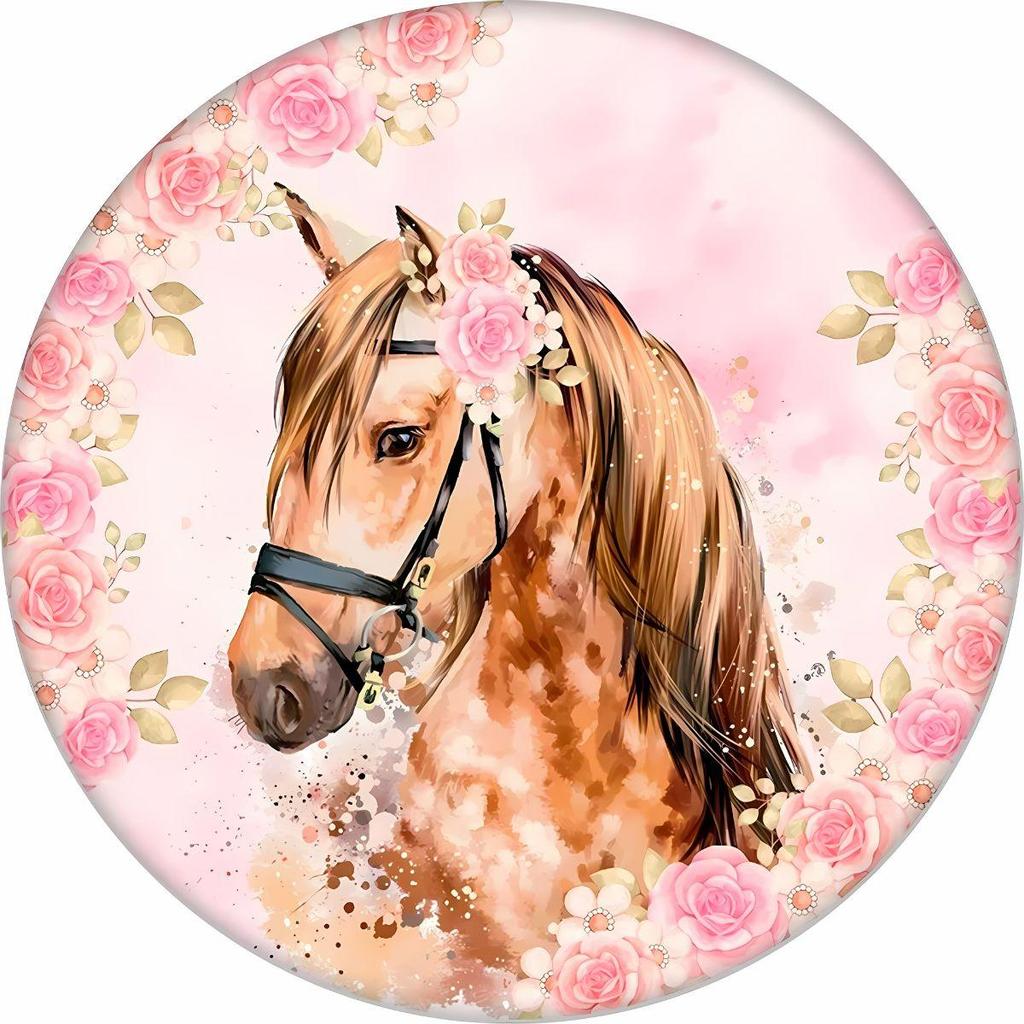 Painel de Cavalo Country Rosa Redondo em Tecido Sublimado Premium pra Decoração de Festa Aniversário Infantil Menina
