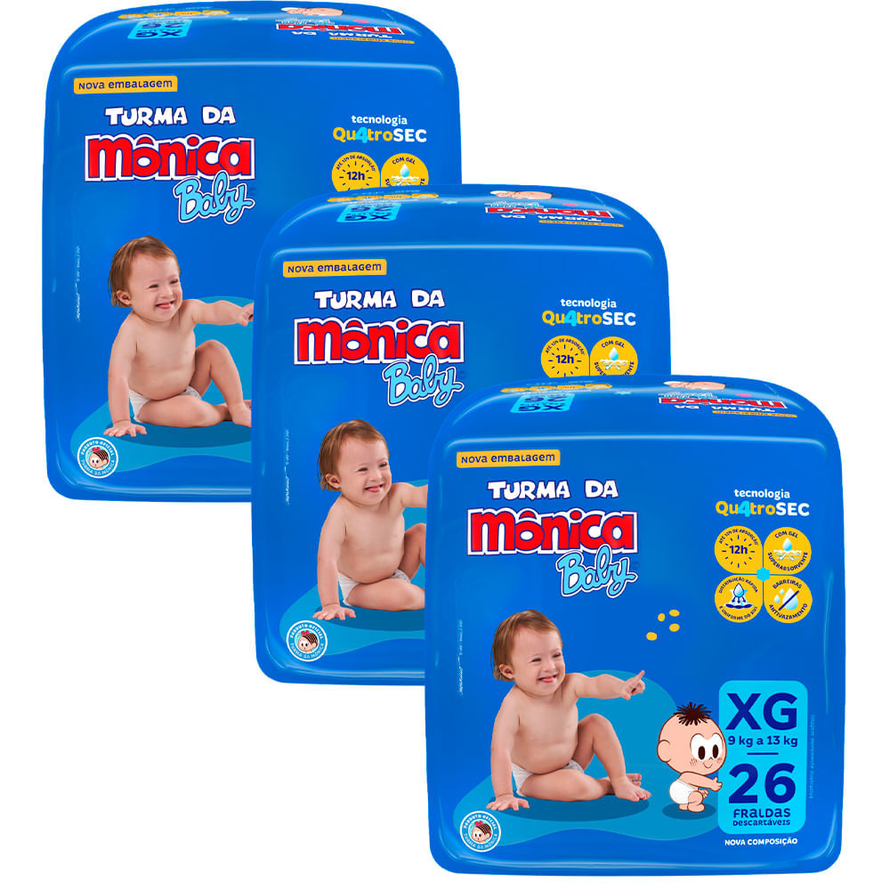 Kit 3 Fraldas Turma Da Mônica Mega XG - 78 Tiras