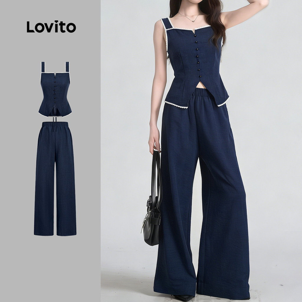 Lovito Elegante Tops ou Bottoms de Renda e Botão Primavera/verão Terno Azul-mari