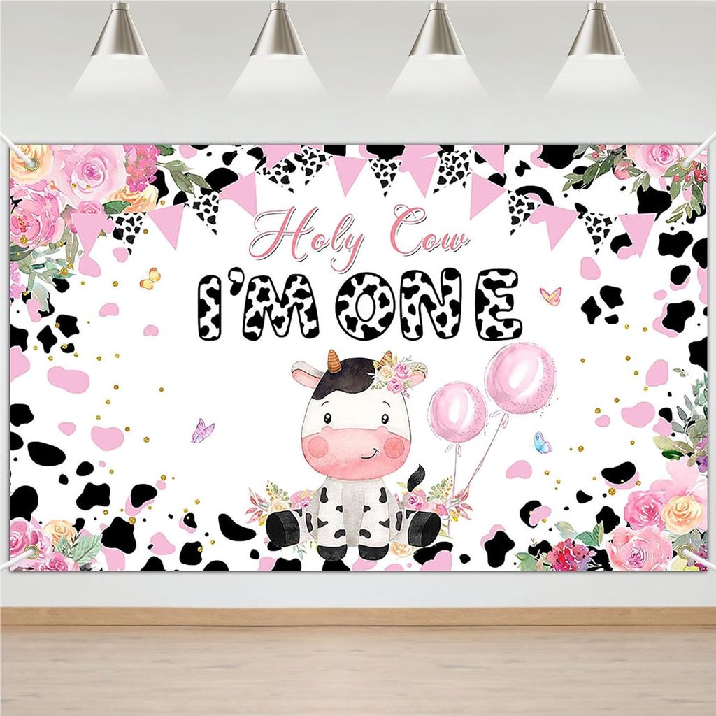 Avezano Holy Cow I'm One Banner para Decoração de Festa de Aniversário de 1 Ano com Tema de Fazenda de Flores, 70,8 x 43