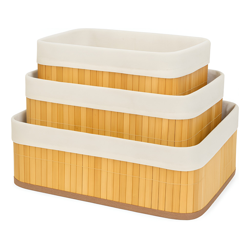 Kit 3 Cestos Organizador De Bambu Multiuso Com Forro Cozinha Banheiro Ziphome