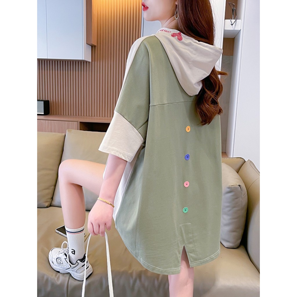 Roupa de maternidade vestido de verão topo tamanho grande 100kg versão coreana comprimento médio com capuz solto gravide