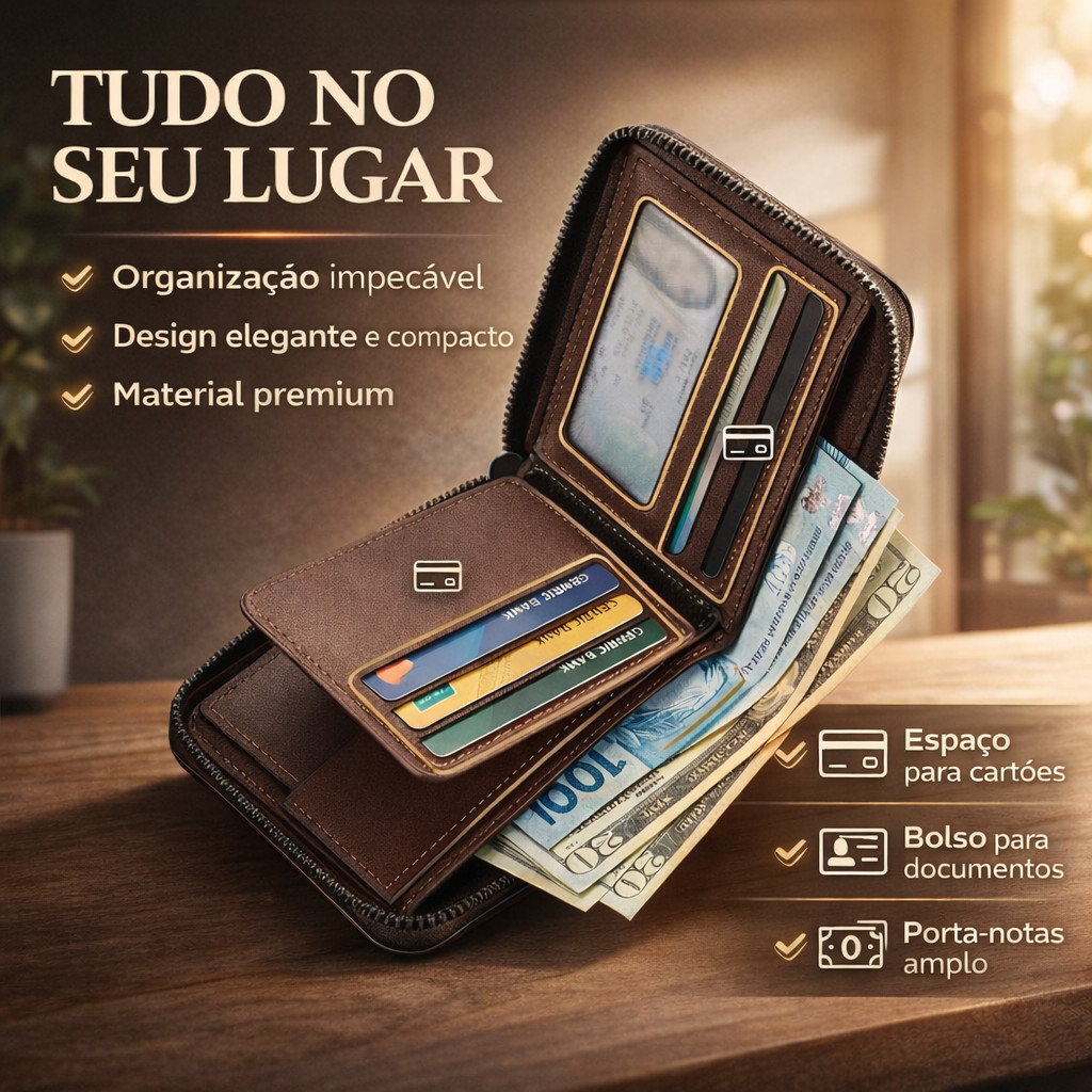 Carteira Masculina Vintage Couro PU Zíper Elegante Compacta Porta Moedas e Cartões