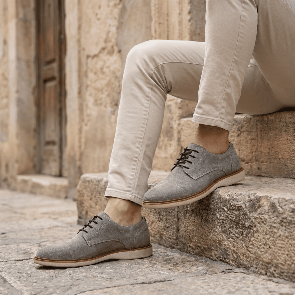 Sapato Masculino Casual em Couro Camurça Cinza Confortável Leve Estilo Social Moderno Solado Antiderrapante