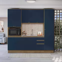 Cozinha Compacta com Kit Forno Celeste Kappesberg 100% MDF Nogueira/Azul 240cm