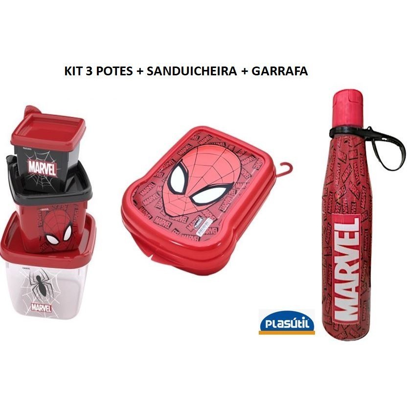 Kit 3 Potes Sanduicheira Garrafa Plasútil Homem Aranha Plasutil lanche escolar