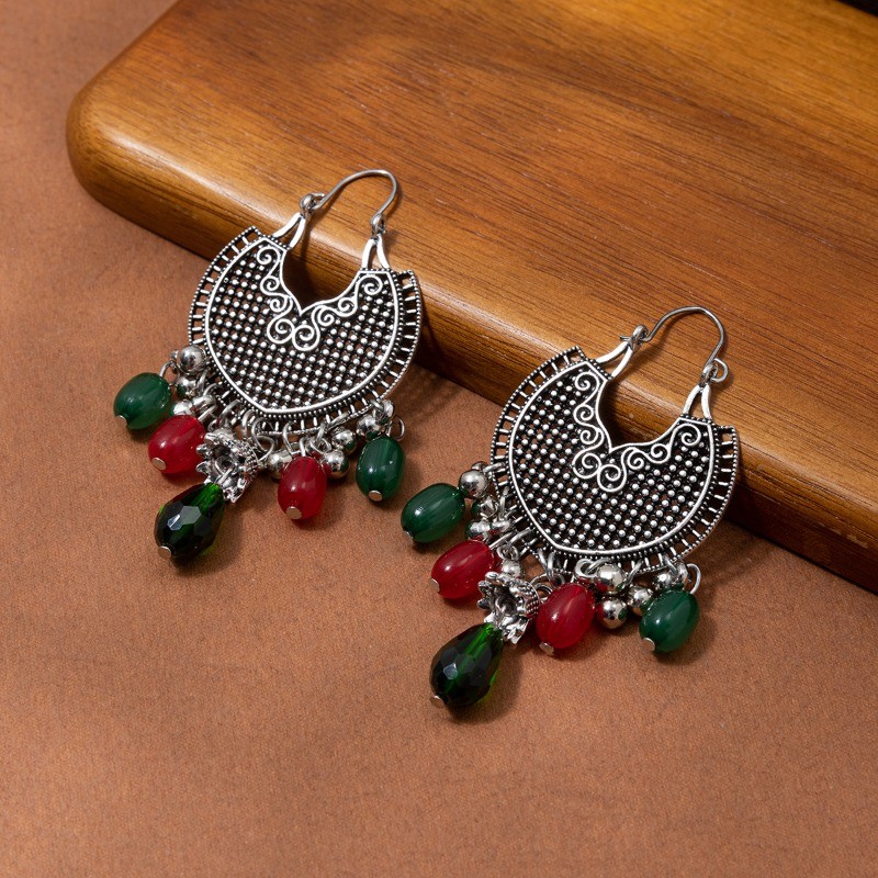 Boêmio Étnico Fluindo Anéis De Orelha Para Mulheres Boho Retro Liga Oco Cristal Verde Vermelho Frisado Borla Brincos Lon