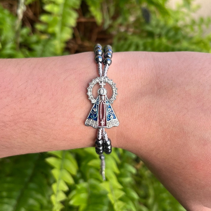 Pulseira Terço Nossa Senhora Aparecida em Pedra Hematita