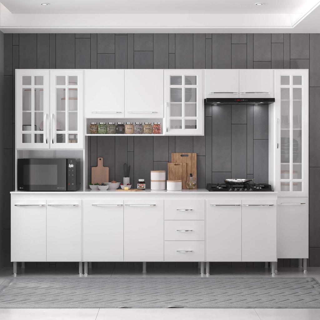 Cozinha Modulada Completa Fidelitá Viena 6 Peças 295cm 15 Portas 3 Gavetas Com Tampo Branco