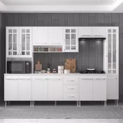Cozinha Modulada Completa Fidelitá Viena 6 Peças 295cm 15 Portas 3 Gavetas Com Tampo Branco